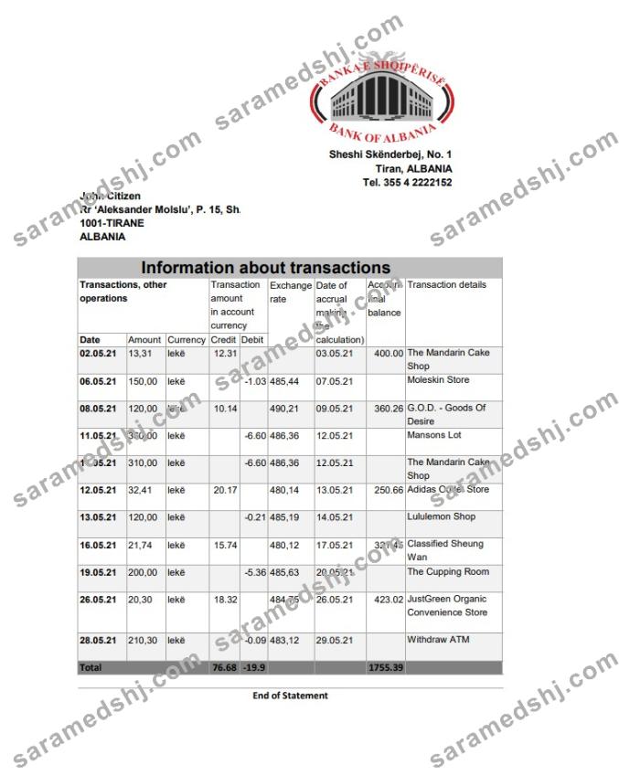 Albania Bank of Albania bank statement template in Excel an PDF format